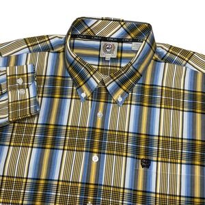 Cinch Button Down Shirt Mens XXL Yellow Blue Plaid Long Sleeve Western Cowboy